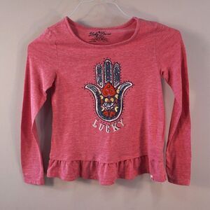 Lucky Brand Girls Top Sz M Pink Embroidered Hamsa Hand Long Sleeve Peplum Tee